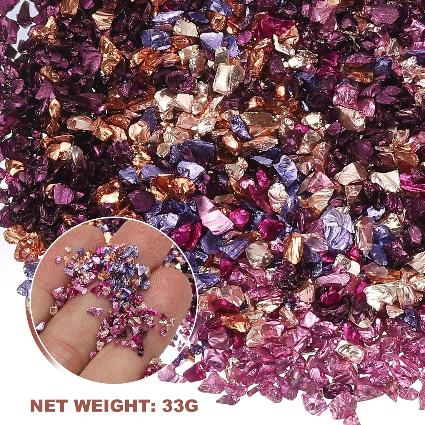 uxcell 6 Colors Crushed Glass Chips, 1-3mm Irregular Glitter Metallic Glass Broken Glasses Pieces with Laser Bag for Craft DIY Vase Epoxy Halloween Decoration 33g, Pink Color Series