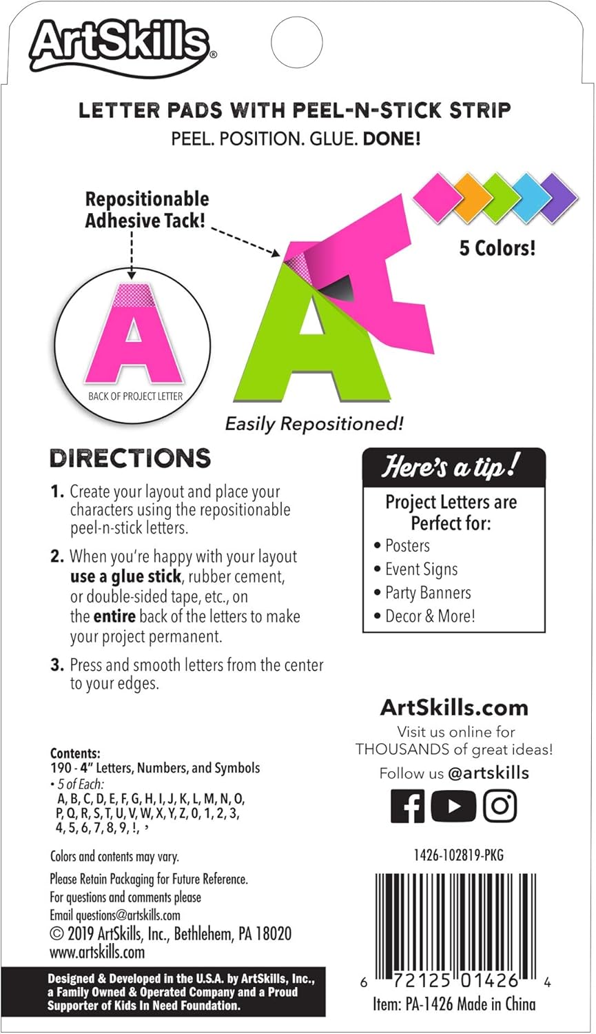 ArtSkills Poster Letters 4” Paper Letters for Poster Board Projects, Classroom Bulletin Boards, Sign Making Supplies, Neon, 190 Pieces