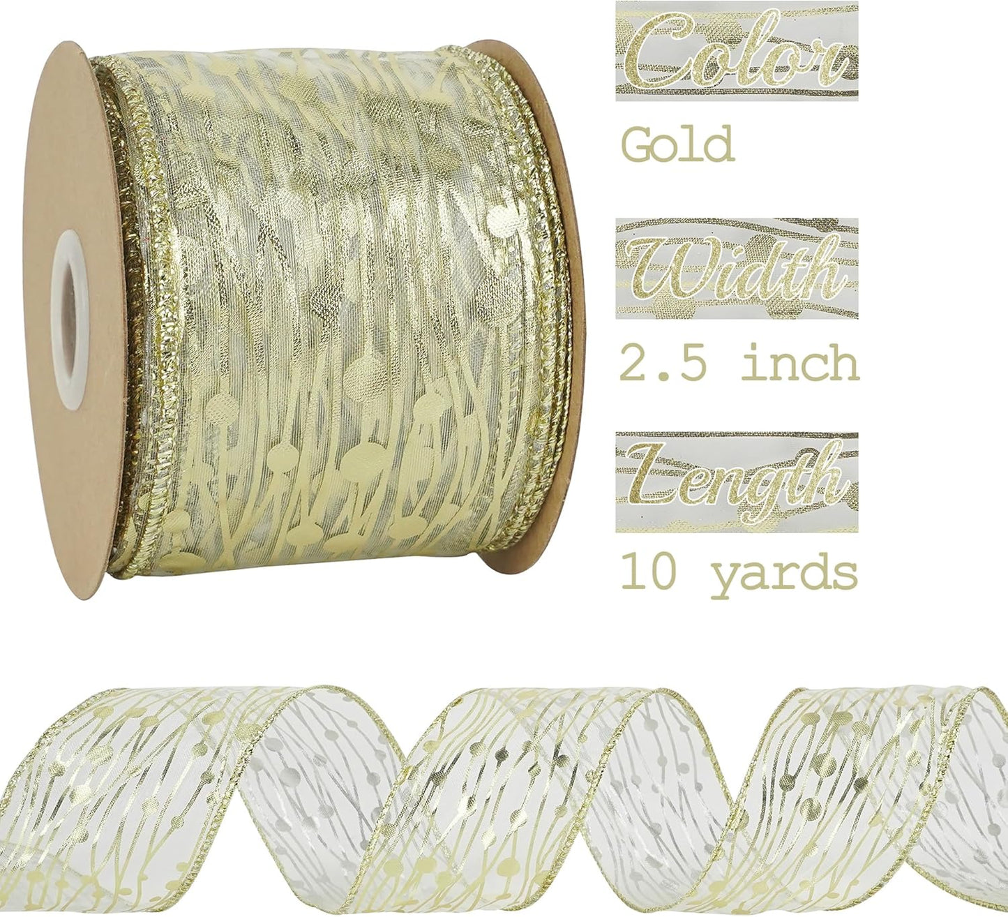 MEEDEE Gold Wired Ribbon - 2.5 Inch Sheer Organza With Horizontal Stripes and Polka Dots - 25 Yards for Gift Wrapping, Garland