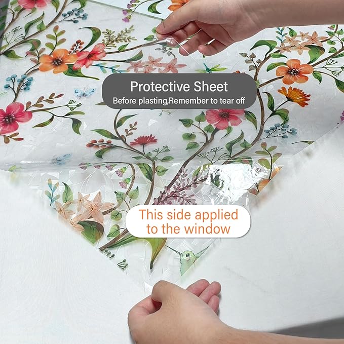 Finnez Stained Glass Window Film with Floral Pattern, Crescent Base and Rainbow Effect, Decorative Static Cling No Glue No Residue 35.4 x 78.7 Inches