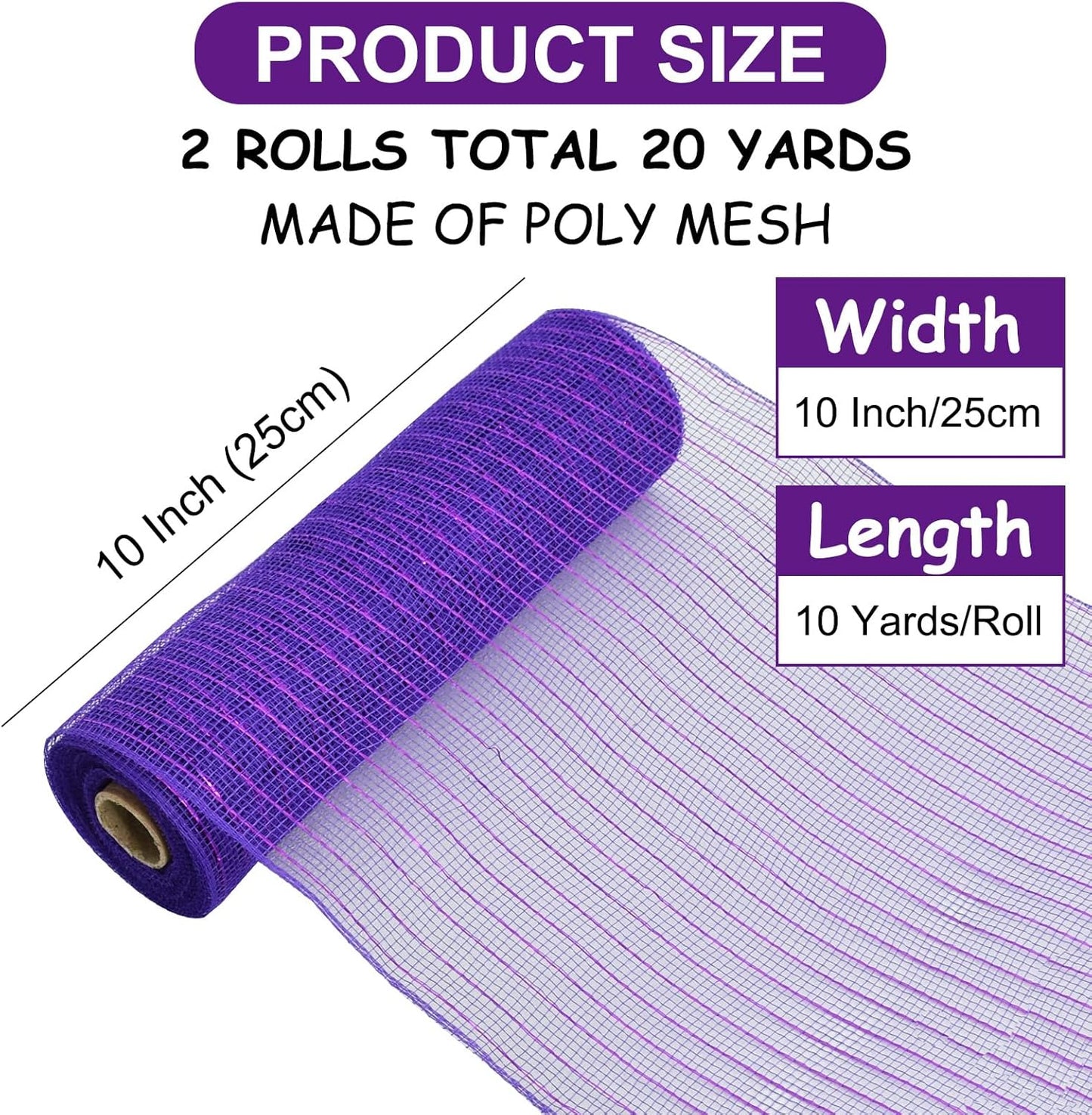 TONIFUL 2 Rolls 10 Inch Purple Decorative Mesh Ribbbon Rolls, Fabric Mesh with Foil for Wreath Supplies, Front Door Wreath Crafts Tree Decor Christmas NewYears Halloween Decoration (10 yds/roll)