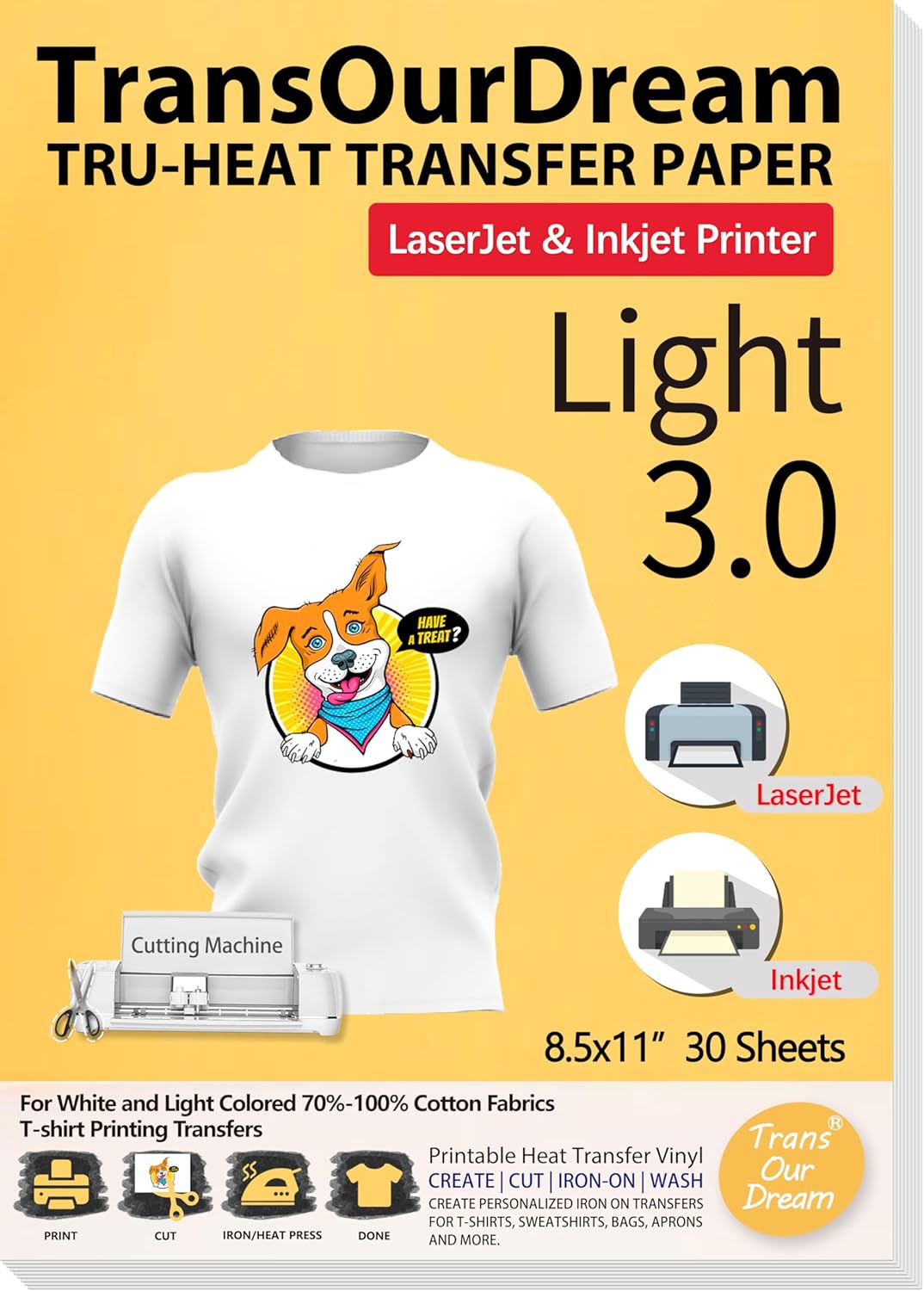 TransOurDream Tru-Heat Transfer Paper for Inkjet & Laserjet Printer (30 Sheets 8.5x11, 3.0) Printable HTV Heat Transfer Vinyl for T Shirts Iron on Transfers for Light Fabrics (L3-33)