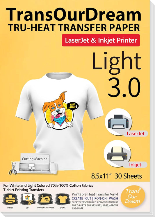 TransOurDream Tru-Heat Transfer Paper for Inkjet & Laserjet Printer (30 Sheets 8.5x11, 3.0) Printable HTV Heat Transfer Vinyl for T Shirts Iron on Transfers for Light Fabrics (L3-33)