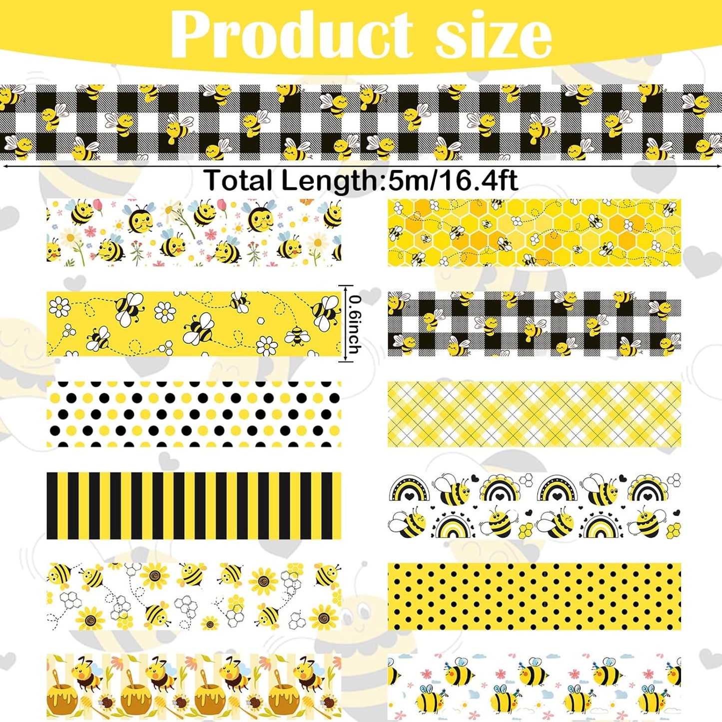 12 Rolls Bee Washi Tape Set, Bumblebee Daisy Masking Tapes, Yellow Black Plaid Polka Dot Decorative Washi Tape for Spring Summer Scrapbook Journal DIY Art Craft Gift Wrapping, 16.4FT