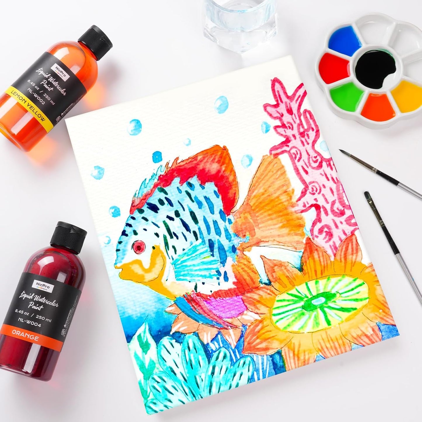 Nicpro 6 Colors Liquid Watercolor Paint Set, 8.45oz Large Bottle Liquid Watercolor Paint, Non-Toxic Water Colors Painting Supplies for Art Activity, Craft DIY, Poster, School, Home, Classroom, Party