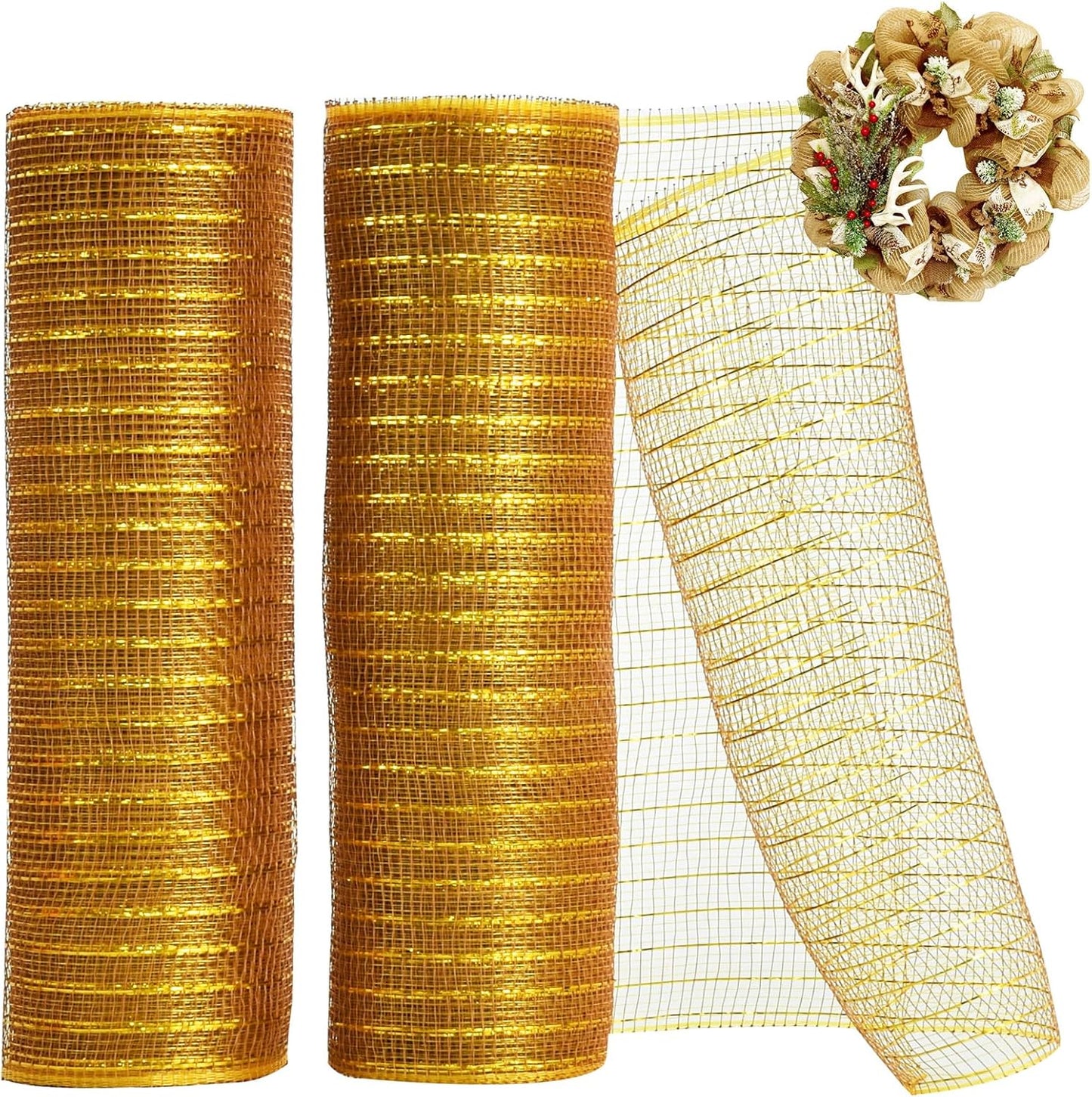 TONIFUL 2 Rolls 10 Inch Dark Gold Decorative Mesh Ribbbon Rolls, Fabric Mesh with Foil for Wreath Supplies, Front Door Wreath Crafts Tree Decor Christmas NewYears Halloween Decoration (10 yds/roll)