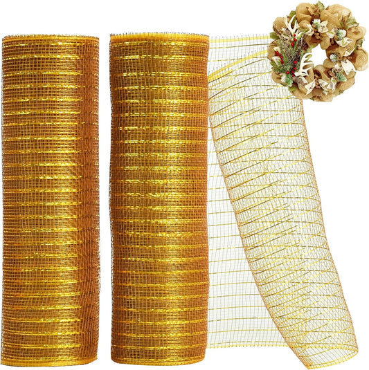 TONIFUL 2 Rolls 10 Inch Dark Gold Decorative Mesh Ribbbon Rolls, Fabric Mesh with Foil for Wreath Supplies, Front Door Wreath Crafts Tree Decor Christmas NewYears Halloween Decoration (10 yds/roll)