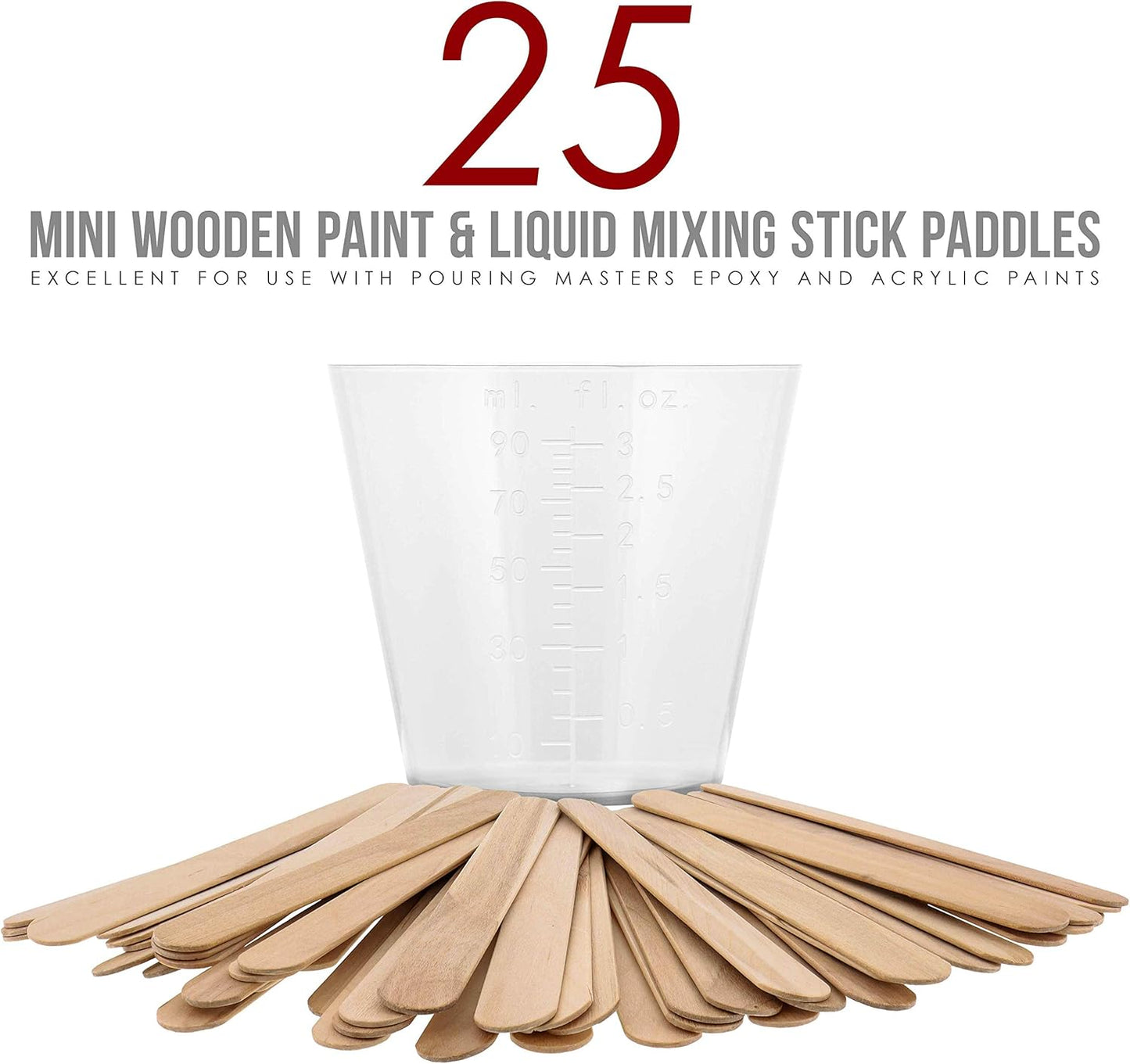 Pouring Masters 3 Oz (90 ml) Liquid Measuring Cups - Plastic Graduated Cup (50 Pack) with 25 Sticks - Reusable Mixing Cups for Paint, Craft, Kitchen, Lab, Medical Supplies, Epoxy Resin, Art
