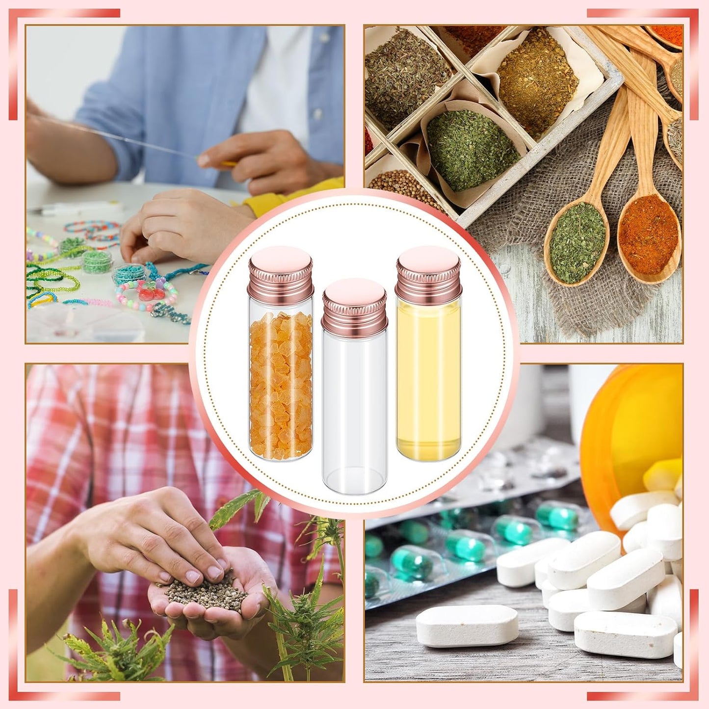 100 Pcs Small Clear Vials Spice Mini Jars with Lids Mini Glass Bottles with Screw Aluminum Metal Caps Tiny Jars Sample Containers for Powder Cream Cosmetic Jewelry Wedding (15 ml,Rose Gold)