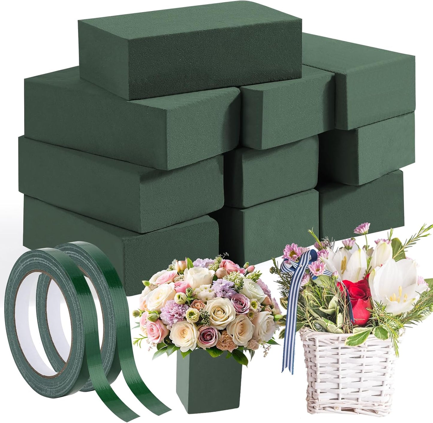 MAPVOLUT 10 Pcs Green Floral Foam Blocks (5.5” x 3.1” x 1.7”) with 2 Rolls Waterproof Floral Tape - 12mm x 65.62ft, for Fresh or Artificial Flower Arrangements, DIY Wedding, Home Decor, and Crafts