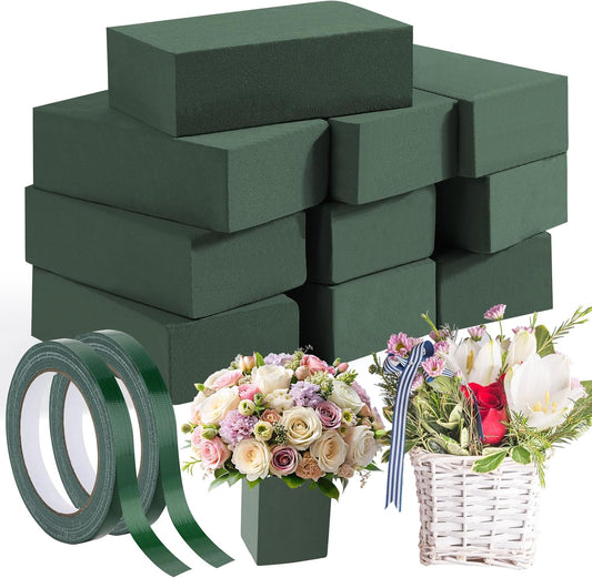 MAPVOLUT 10 Pcs Green Floral Foam Blocks (5.5” x 3.1” x 1.7”) with 2 Rolls Waterproof Floral Tape - 12mm x 65.62ft, for Fresh or Artificial Flower Arrangements, DIY Wedding, Home Decor, and Crafts