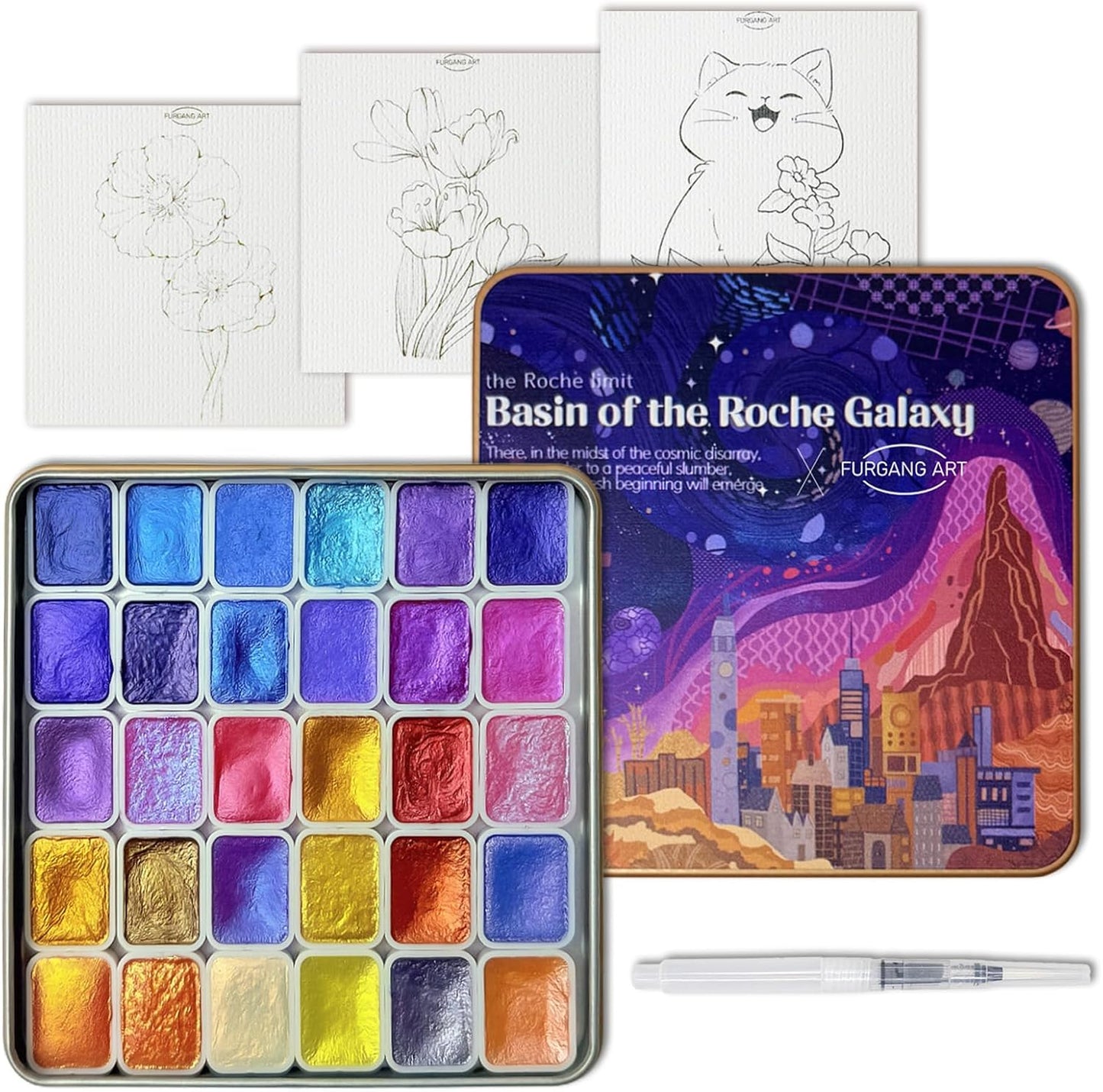 Mini Shifting Watercolor Paint Set, 30 Color Glitter Watercolor Painting Kit, Metallic Watercolor Paints, Solid Water Colors Paint Adult Set, Detail Paint Brush Included, for Artists