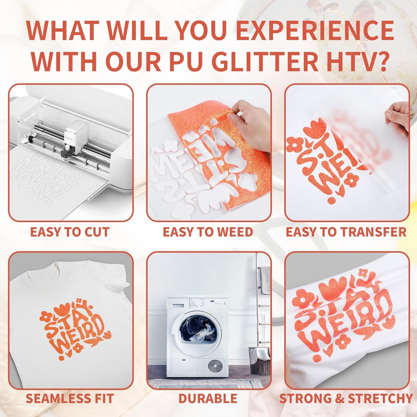 HTVRONT Glitter HTV Heat Transfer Vinyl - 10" x 8ft Neon Orange Glitter HTV Vinyl for Shirts, Glitter Iron on Vinyl for All Cutting Machine - Easy to Cut & Weed (Neon Orange Glitter)