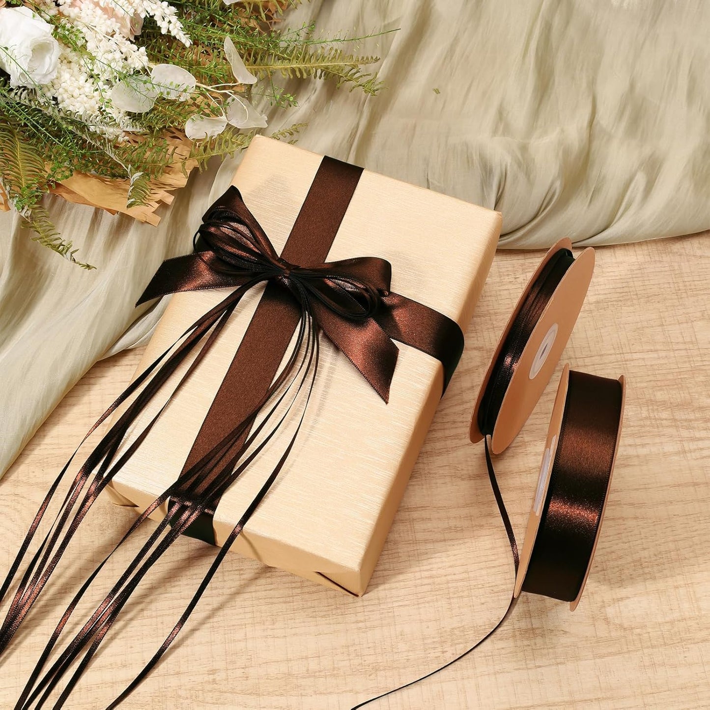 LaRibbons Brown Satin Ribbon 1/8 Inch 100 Yards Thin Luxury Double Faced Firar Brown Silk Ribbon for Flower Bouquet Crafts Gift Wrapping Wedding Christmas Decoration