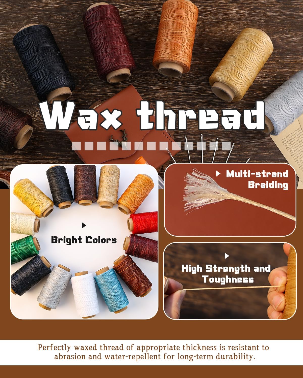 DIUDUS 218 Yards Waxed Leather Thread, Upholstery Thread Heavy Duty, Sewing Kit with Upholstery Needles, Wax String for Hand Sewing Repair Carpet Sofa Carseat Canvas (Dark Coffee)