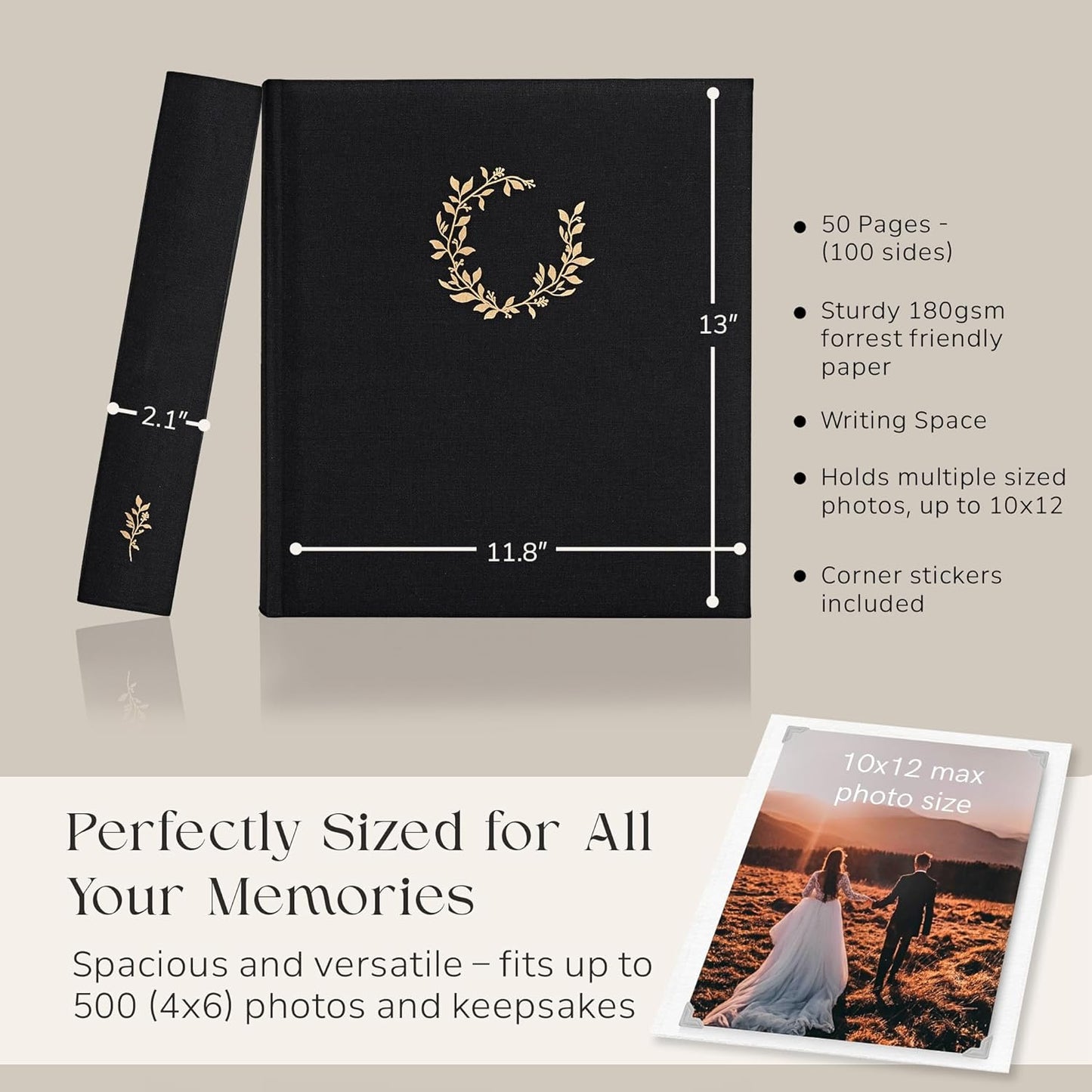 Premium Scrapbook Album – Photo Album with Writing Space – 100 Pages for Multiple Sizes 4x6, 5x7, 6x8, 8x10 – Holds 500 Photos – Wedding, Baby, Travel & Family Memories