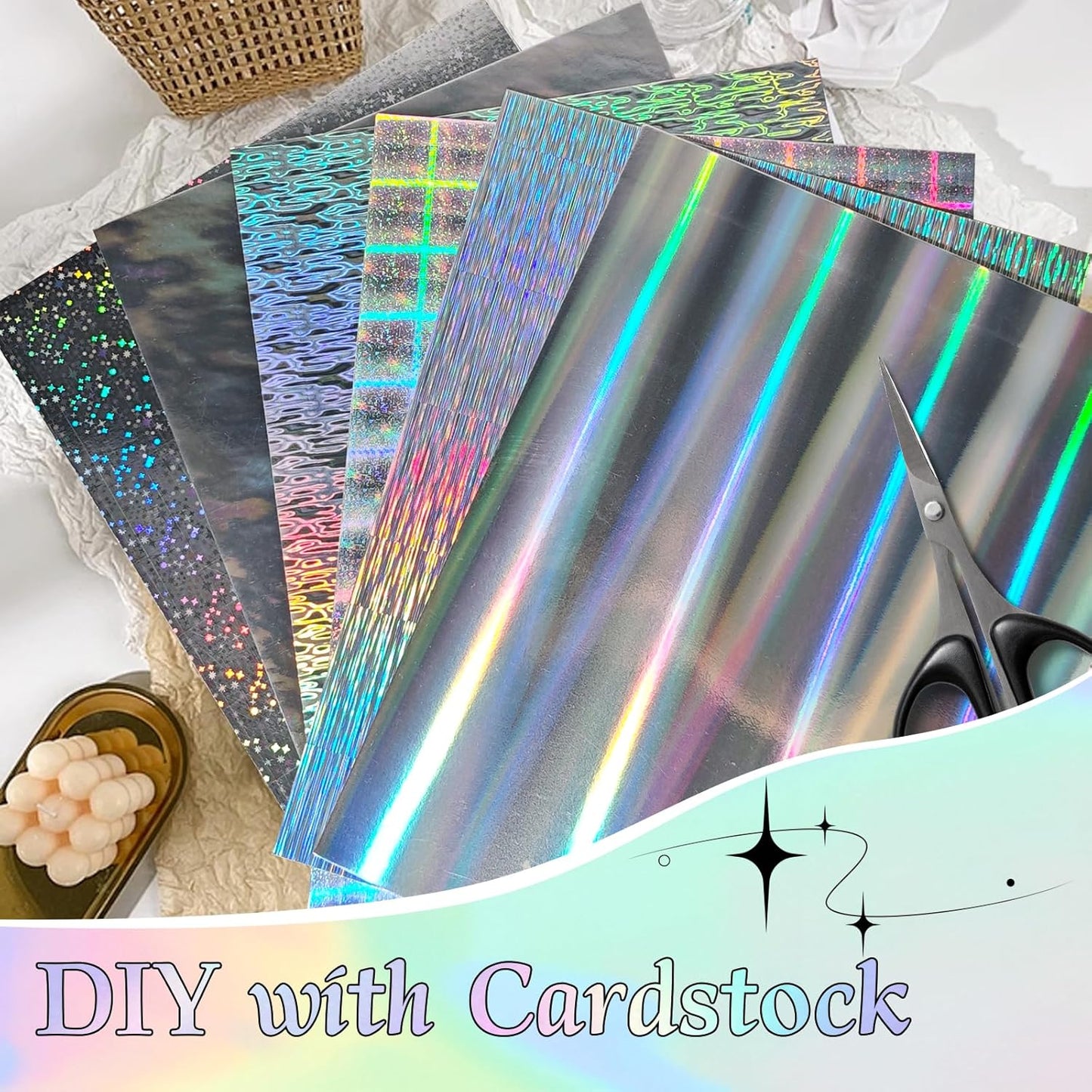 24 Sheets Holographic Cardstock 8.5 x 11in, 250gsm/92lb 6 Mixed Styles Metallic Cardstock Shiny Iridescent Mirror Paper Thick Foil Board for Scrapbook,Card Making,Crafts,Party Decoration (Multicolor)