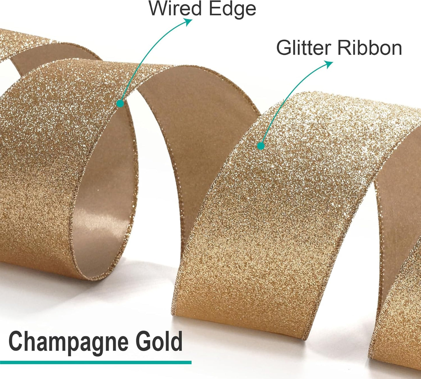CT CRAFT LLC Glitter Wired Ribbon 2.5" x 10 Yards Gold (Champagne Gold) for Christmas Home Decor Bow Gift Wrapping DIY Crafts Wreath