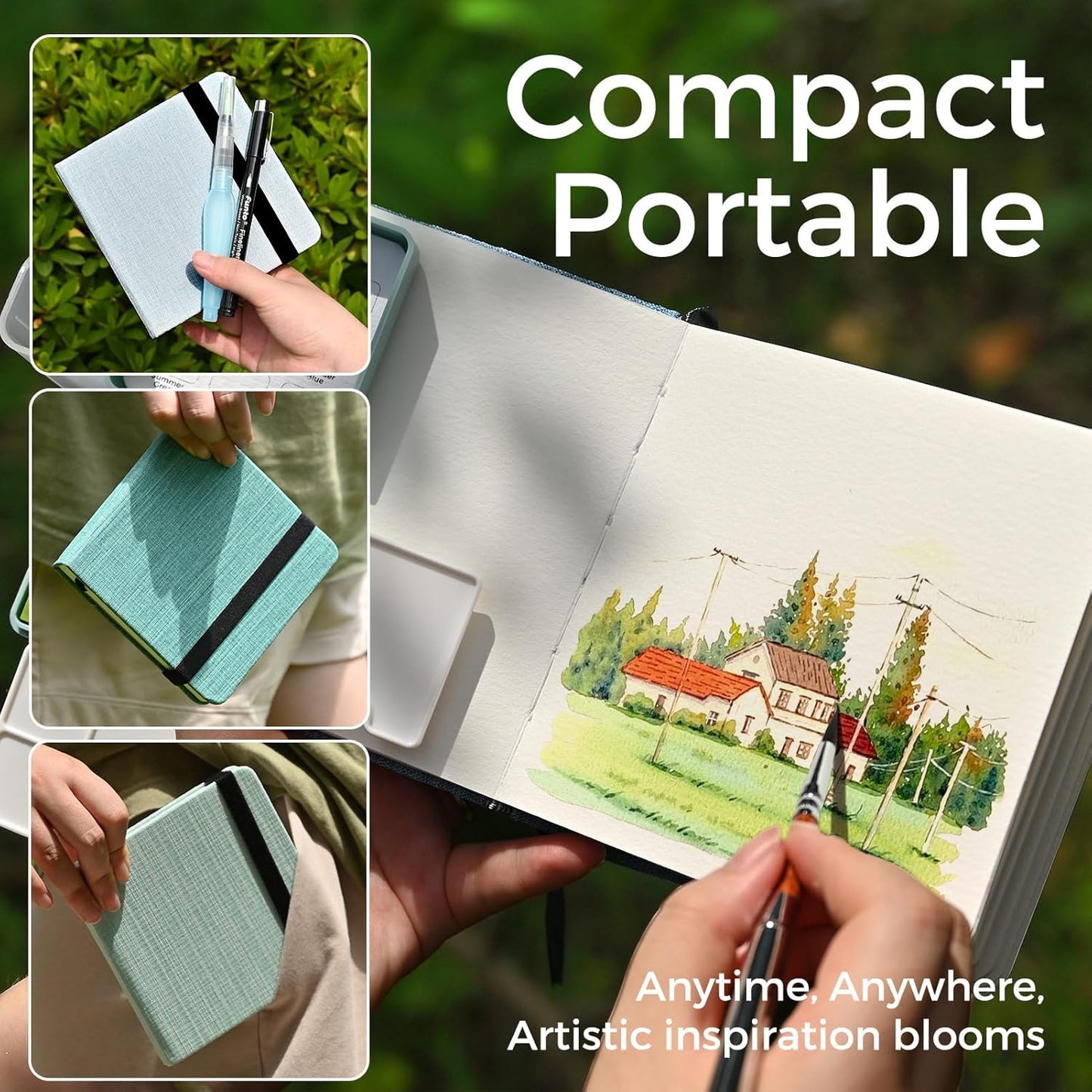 Funto Watercolor Journal, 4.7x4.7, 24 Sheets, 100% Cotton Cold Press, 300gsm/140lb, Inner Paper Pocket, Art Supplies for Mixed Media