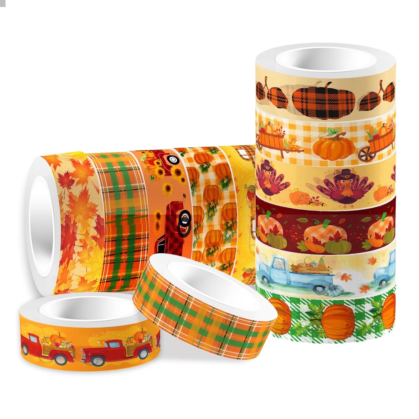 12 Pcs Thanksgiving Print Masking Tape Fall Maple Leaf Washi Tape Pumpkin Pattern Decorative Paper Sticker for Fall Party Holiday Scrapbook DIY Craft Gift Wrapping Handbook Sticker