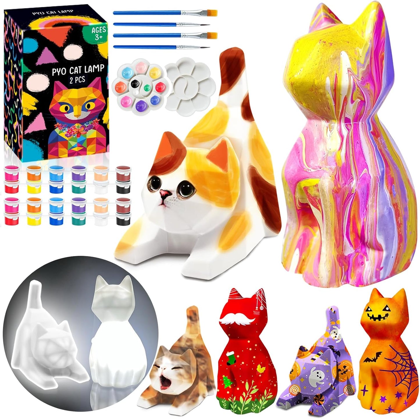 FUNZBO 2pcs Paint Your Own Cat Lamp Kit - Halloweens Arts and Crafts Supplies Kitten Painting Kits for Kid Teen, DIY Night Light Toy for Toddlers Girl Boy Age 3 4 5 6 7 8 9 10 11 12 13 + Birthday Gift