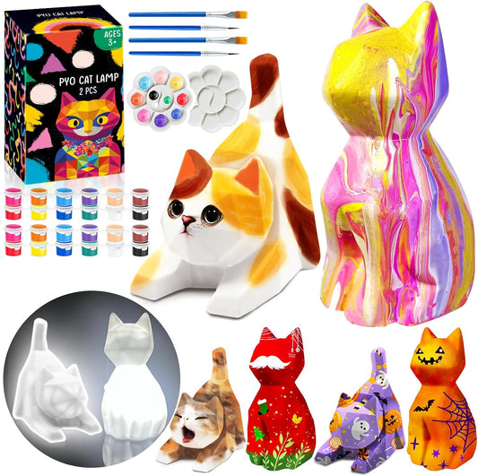 FUNZBO 2pcs Paint Your Own Cat Lamp Kit - Halloweens Arts and Crafts Supplies Kitten Painting Kits for Kid Teen, DIY Night Light Toy for Toddlers Girl Boy Age 3 4 5 6 7 8 9 10 11 12 13 + Birthday Gift