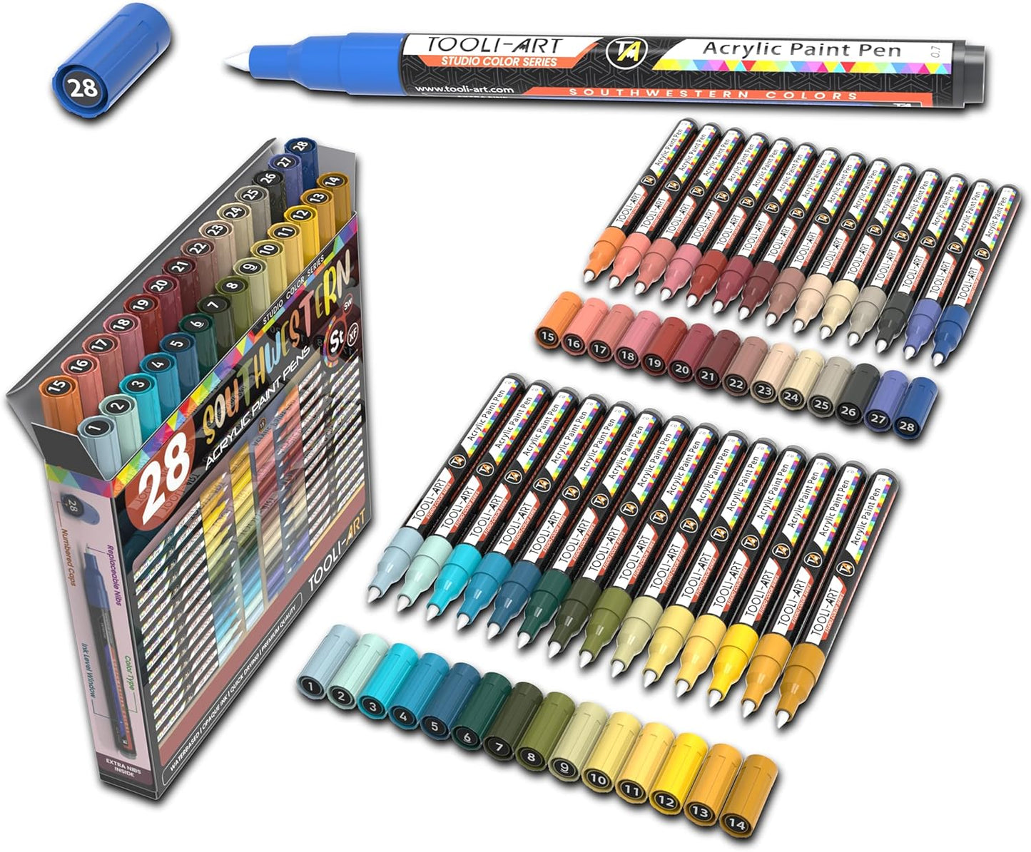 28 Southwestern Colors Acrylic Paint Pens Studio Color Series Markers Set 0.7mm Extra Fine Tip, Rock Painting, Glass, Mugs, Wood, Metal, Canvas, DIY, Detailing. Non Toxic, Waterbased, Quick Drying
