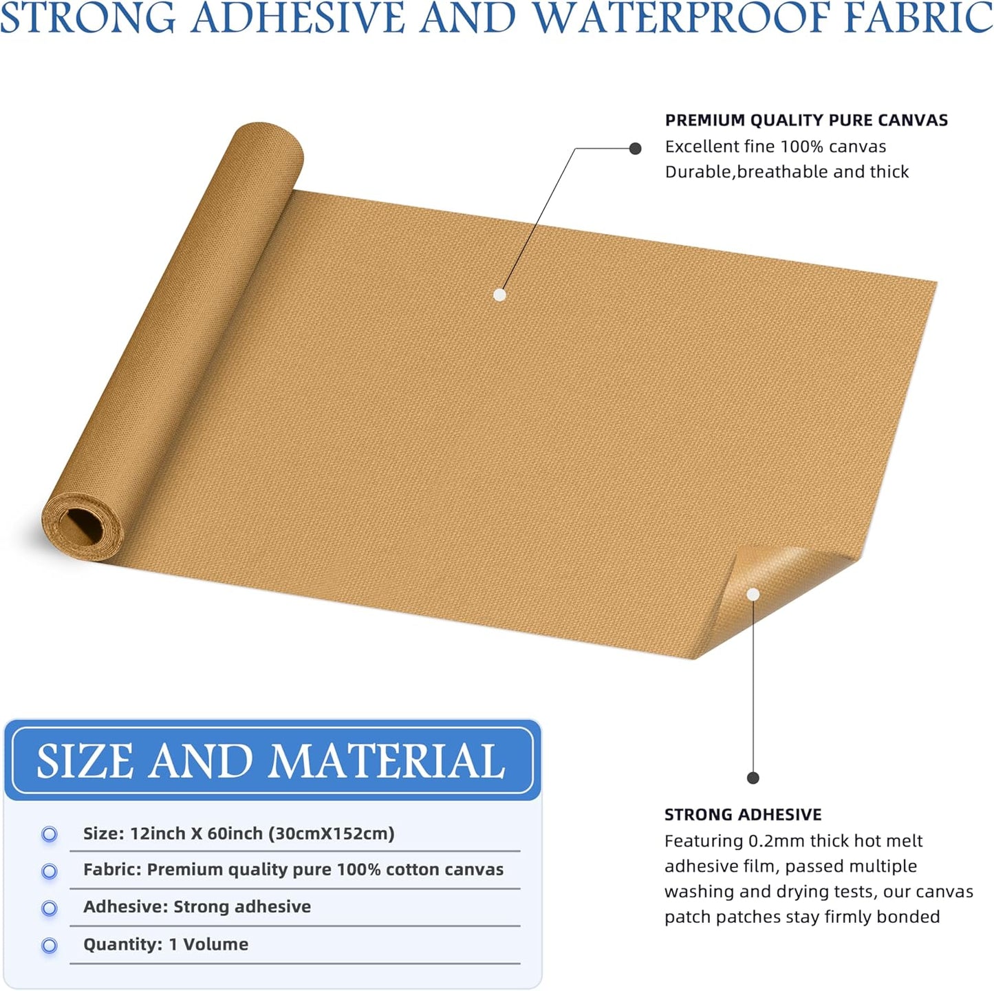 KING MOUNTAIN Canvas Iron on Patch,12"×60",Waterproof 100% Cotton Fabric Repair Patch,Used for Various Sofa,Tent,Clothes,Seats,Suitcases (Light Brown,Waterproof)