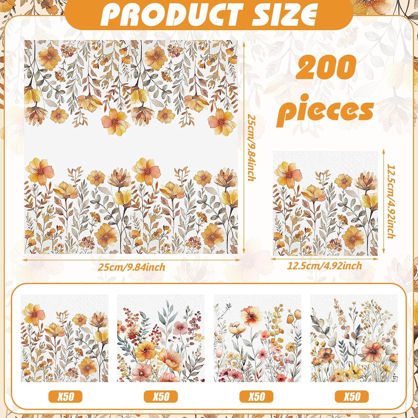 Fulmoon 200 Pieces Fall Floral Cocktail Napkins Disposable Thanksgiving Day Flower Decoupage Paper Napkins Vintage Wildflower Beverage Towel for Autumn Fall Party Favor Supplies