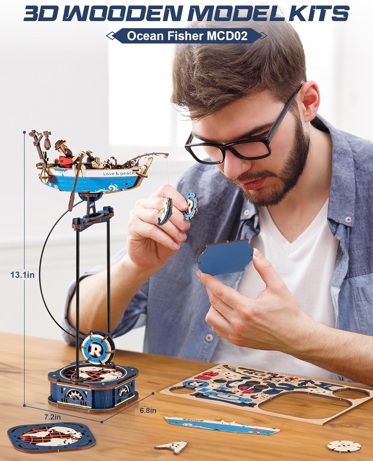ROKR 3D Wooden Puzzles for Adults,Gravity Swing Ocean Fisher Model kit, 161Piece 3D Puzzles for Adults
