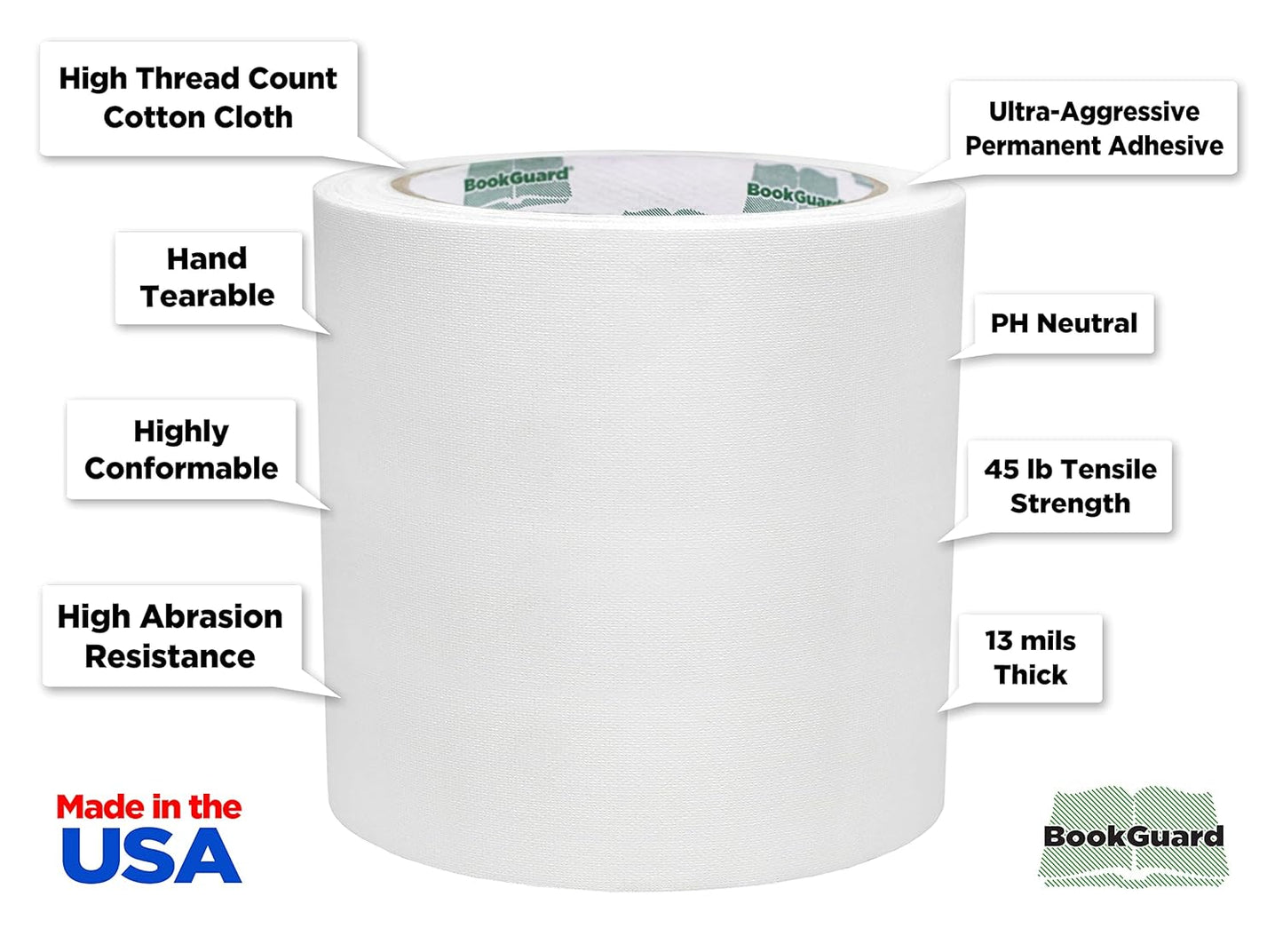 BookGuard 4 inch Premium Bookbinding Repair Cloth Tape, 15 Yard Roll, White