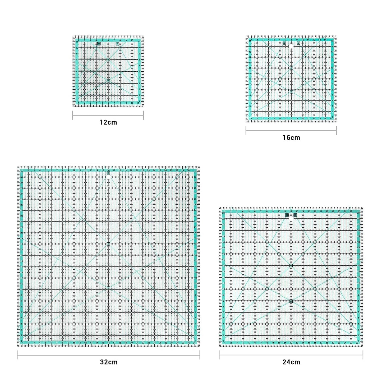 MANUFORE 4pcs Square Quilting Ruler (32cm/24cm/16cm/12cm) Sewing Acrylic Ruler Anti-Slip Metric Ruler DIY Quilting Tools with Clear Printed Lines for Precise Cutting