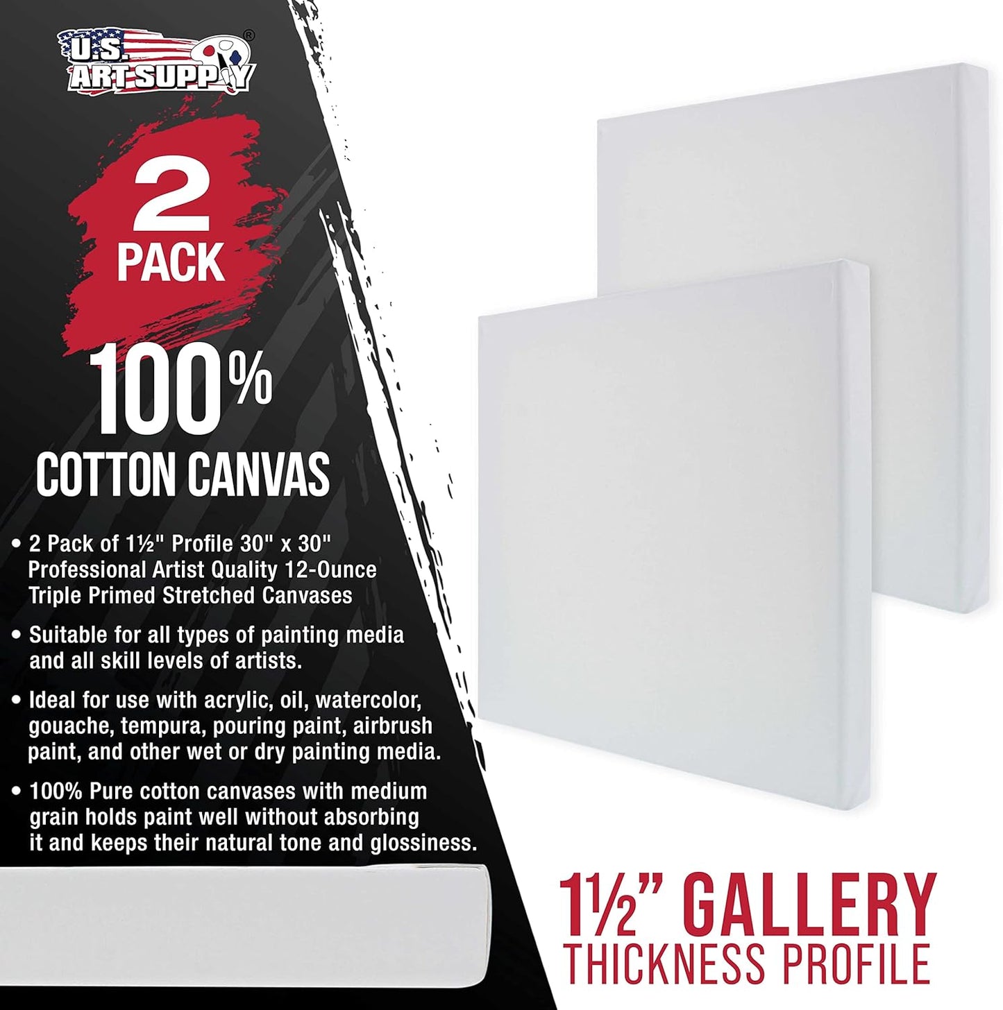 U.S. Art Supply X-Large Stretched Canvas for Painting 30x30 inch Gallery Depth 1-1/2" Thick, 2-Pack - 12oz Acrylic Gesso Triple Primed, Professional Artist Quality, 100% Cotton - Oil, Pouring Paint