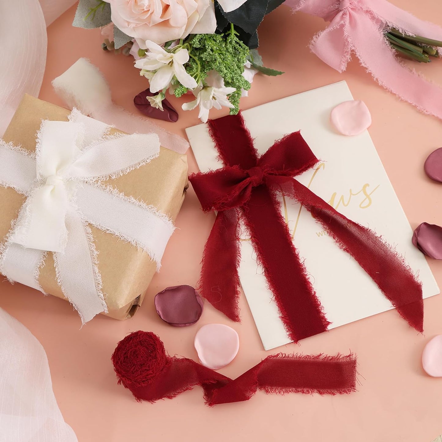 TONIFUL 4 Rolls Silk Chiffon Ribbon, 1-1/2 Inch x 22yds, Red Chiffon Ribbons Set, Handmade Fringe Silk Ribbon for Gift Wrapping Bridal Bouquets Wedding Invitations Decoration Crafts