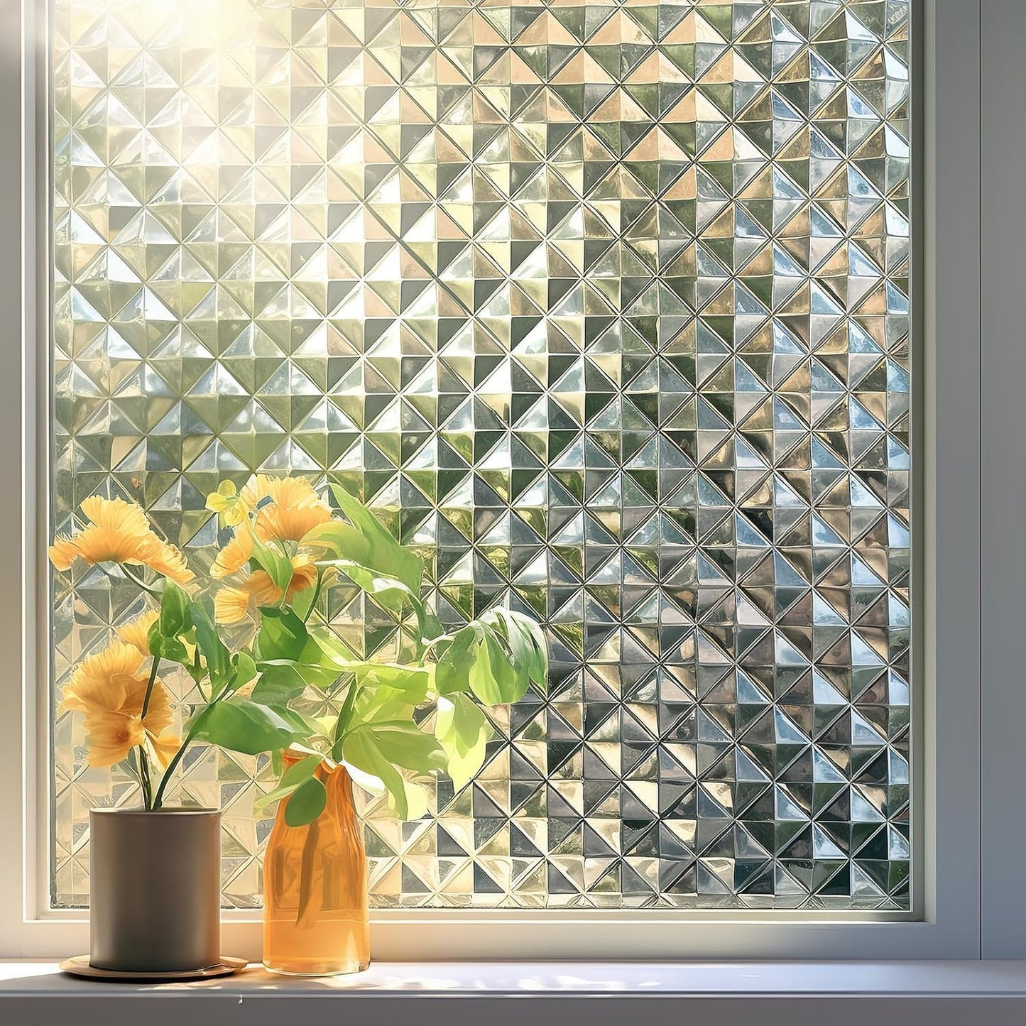 Qualsen Window Privacy Film, Stained Glass Window Film Heat Control UV, Frosted Rainbow Bathroom Decorative Film 3D Static Clings, Peel and Stick Window Tint for Home,17.5x78.7inch