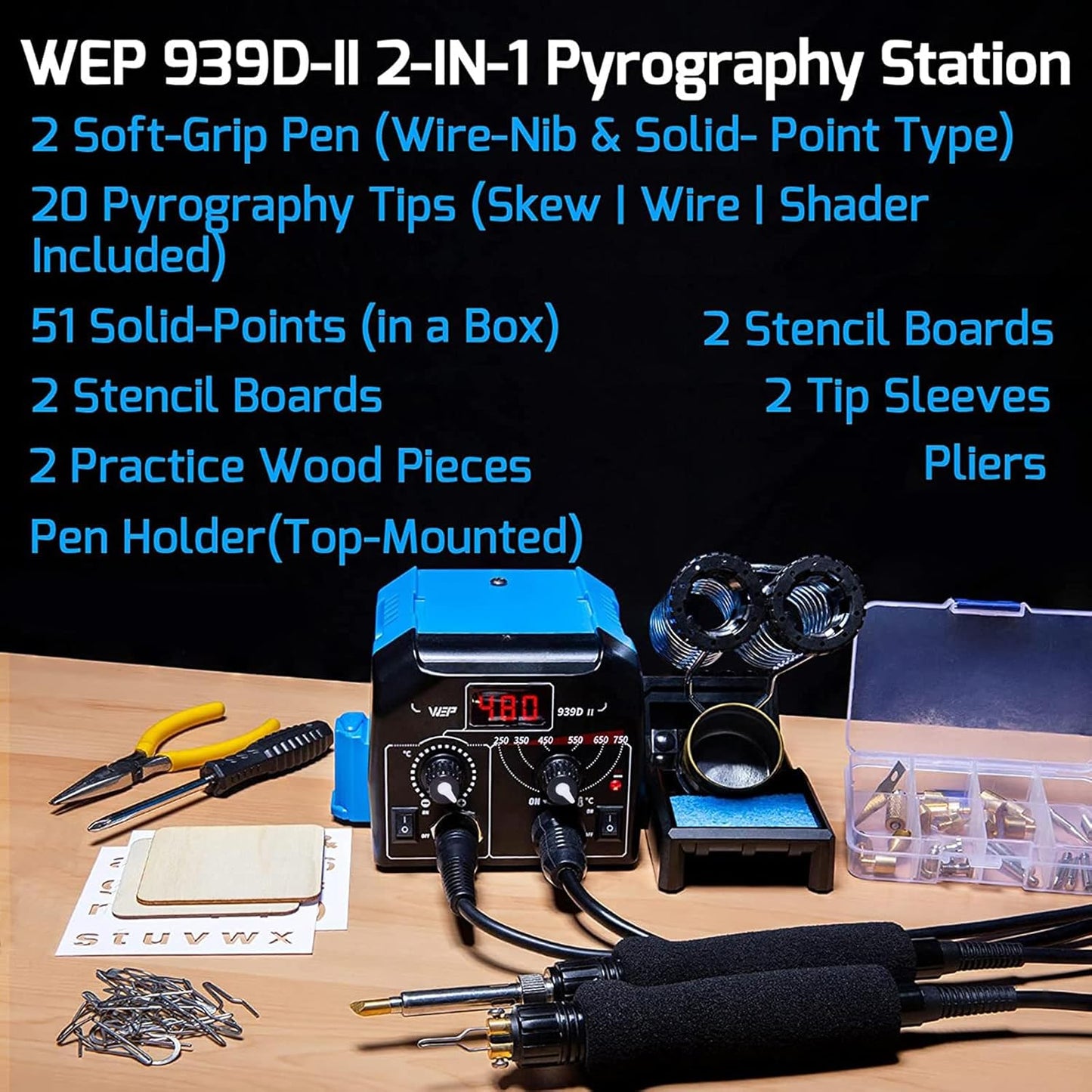 WEP 939D-II 2-IN-1 Wood Burning Kit 86-IN-1 with 51 Solid Points and 20 Wire Nibs Wood Burner with 2 Letter Number Stencils, 2 Unfinished Wood, 1 Pen Holder, Burning Tool