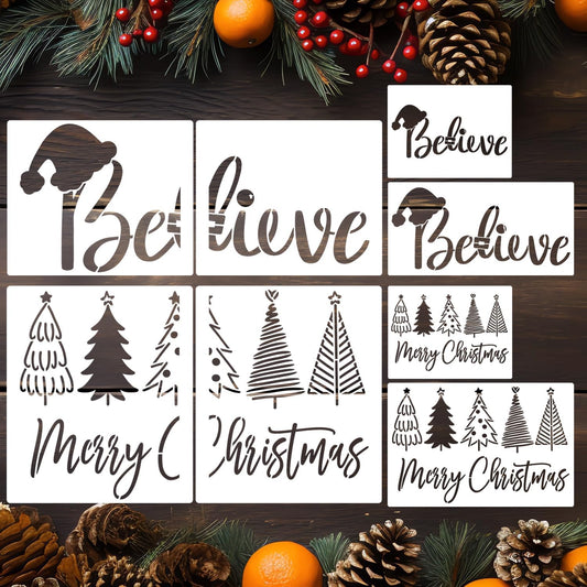 Merry Christmas Stencils for Crafts Reusable Christmas Stencils for Door Mats Believe Holiday Stencil for Painting on Wood Fabrics Porch Hanger Decor