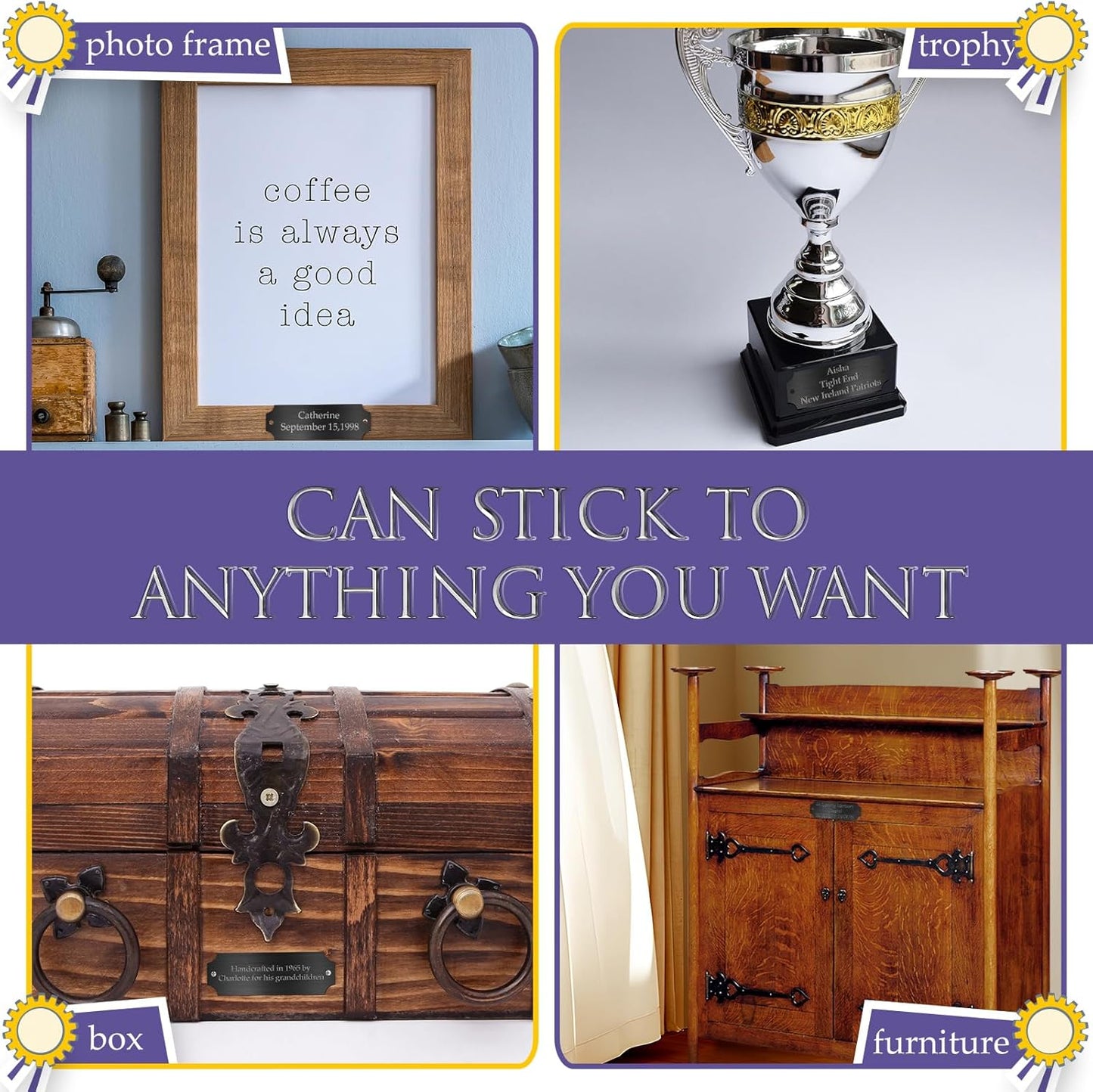 24 Pcs Personalized Name Plates Laser Engraved 1" x 3" Solid Brushed Metal Plaque Trophy Plate Blank Name Tag with Adhesive Backing and Screws for DIY(Black,Notched Corner)