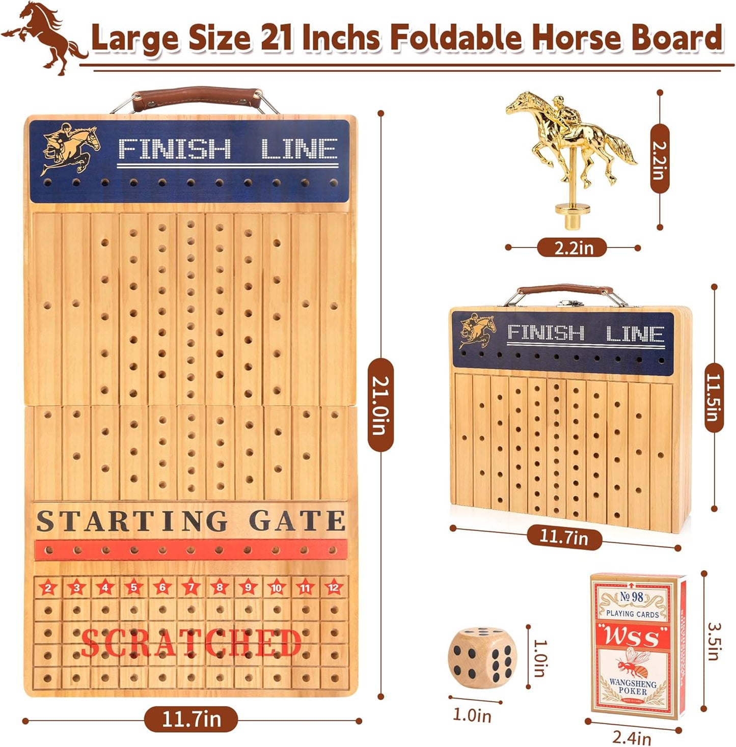 Bravmate Large 21 Inches Horse Race Board Game, Solid Wood Foldable Horse Racing Game with 11 Luxury Metal Horses, 2 Wooden Dice, 2 Boxes of Cards, 80 Chips for Parties