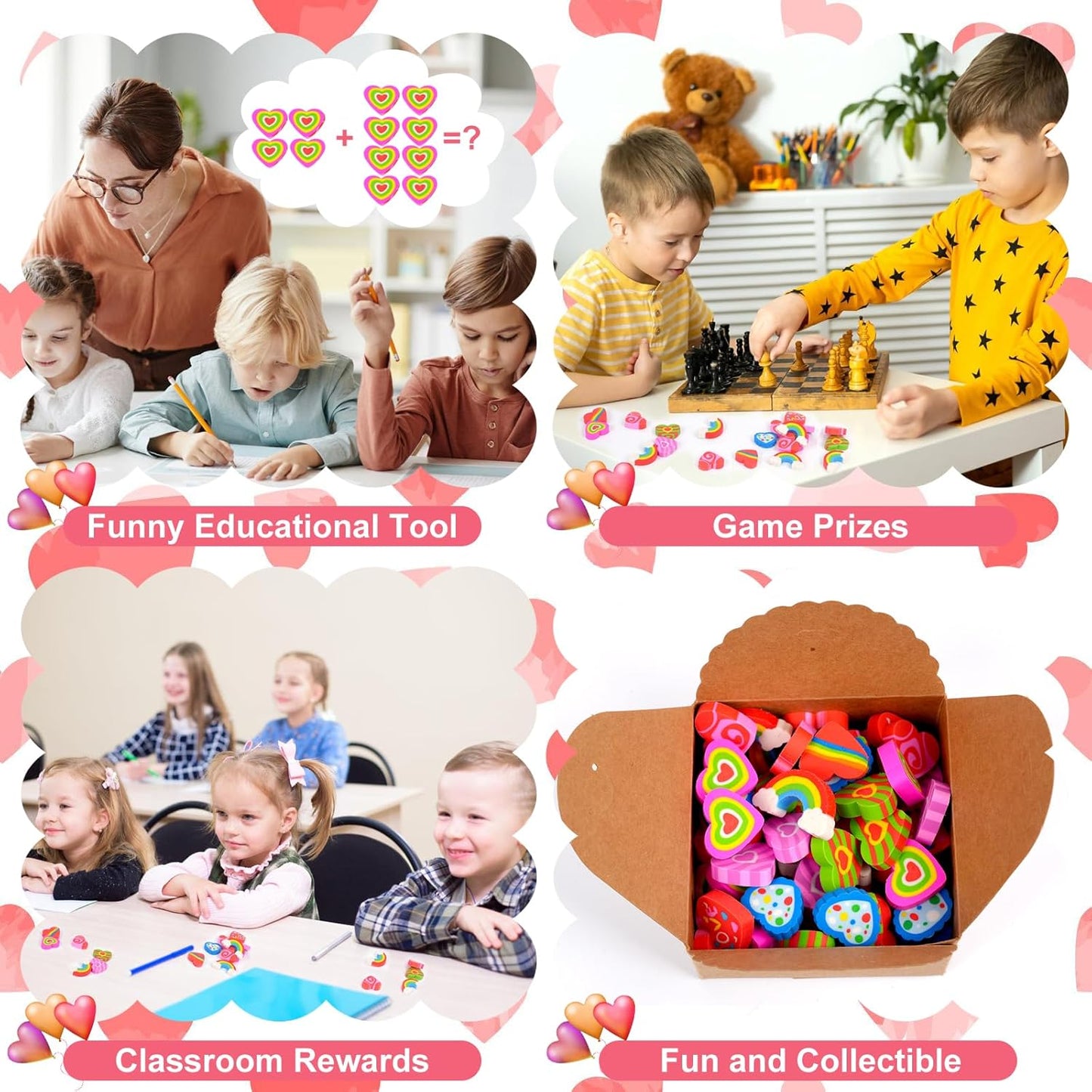 48pcs Large Erasers for Kids Bulk Heart Rainbow Pencil Erasers for Classroom Prizes Exchange International Children's Book Festival Party Favors Back to School Supplies