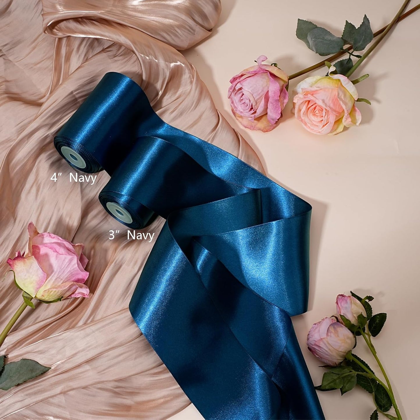 LaRibbons Navy Satin Ribbon 4 Inch 10 Yards Double Faced Luxury Dark Blue Silk Ribbon for Gift Wrapping Flower Bouquets Bow Christmas Wedding Party Decoration