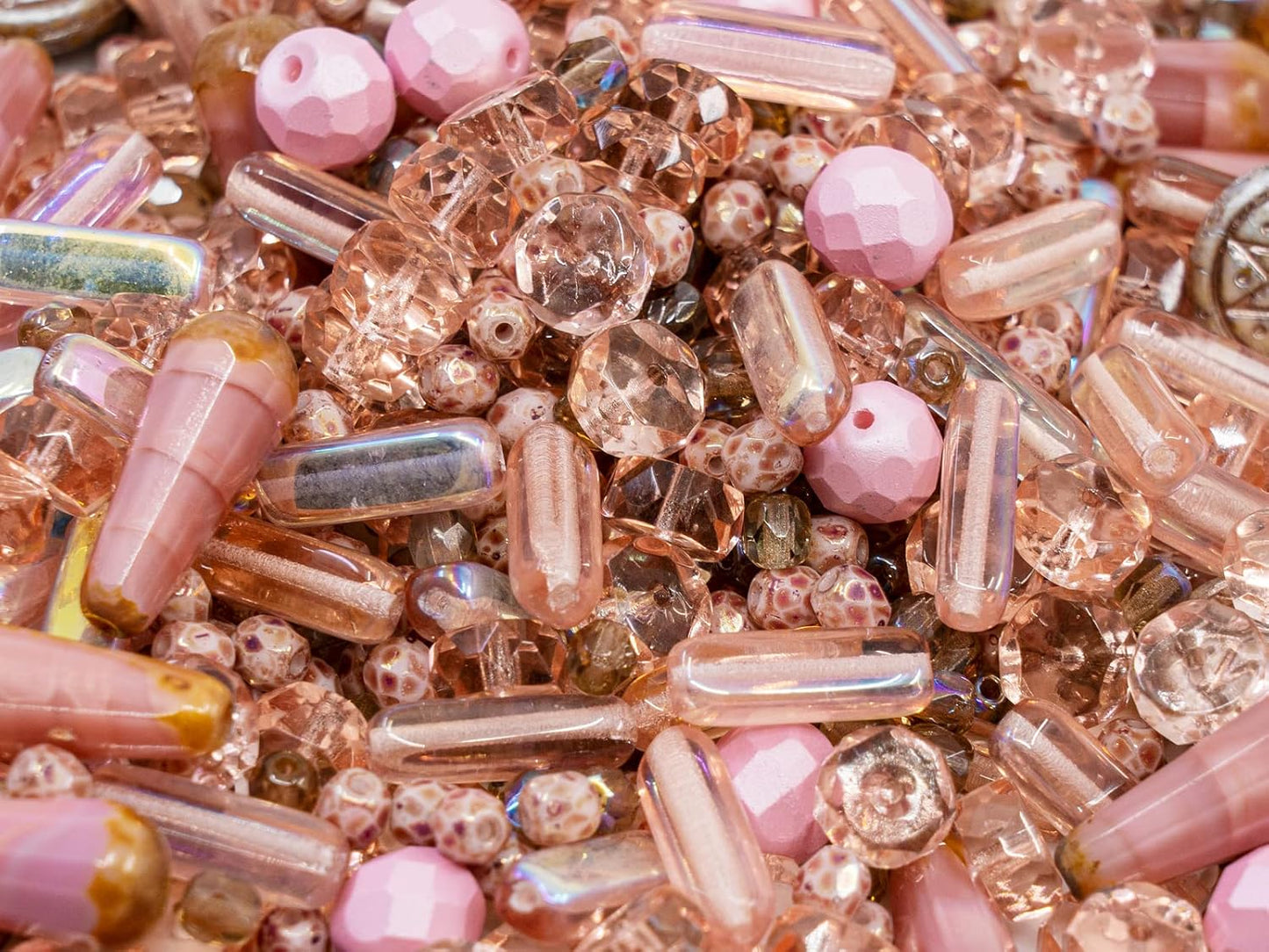2.1oz (60 g) Mix of Unique Czech Bohemia Glass Pressed Beads, Dirty Pink Antique, Table Cut, Matte and Glossy, Faceted Fire Polish, Hand Made Set Kit BCV