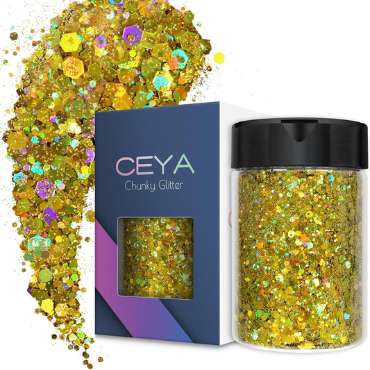 Ceya Holographic Chunky Glitter, 4.9oz/ 140g Cyan Gold Craft Glitter Powder Mixed Fine Flakes Iridescent Nail Sequins for Nail Art, Hair, Epoxy Resin, Tumblers, Slime, Painting, Festival Decor