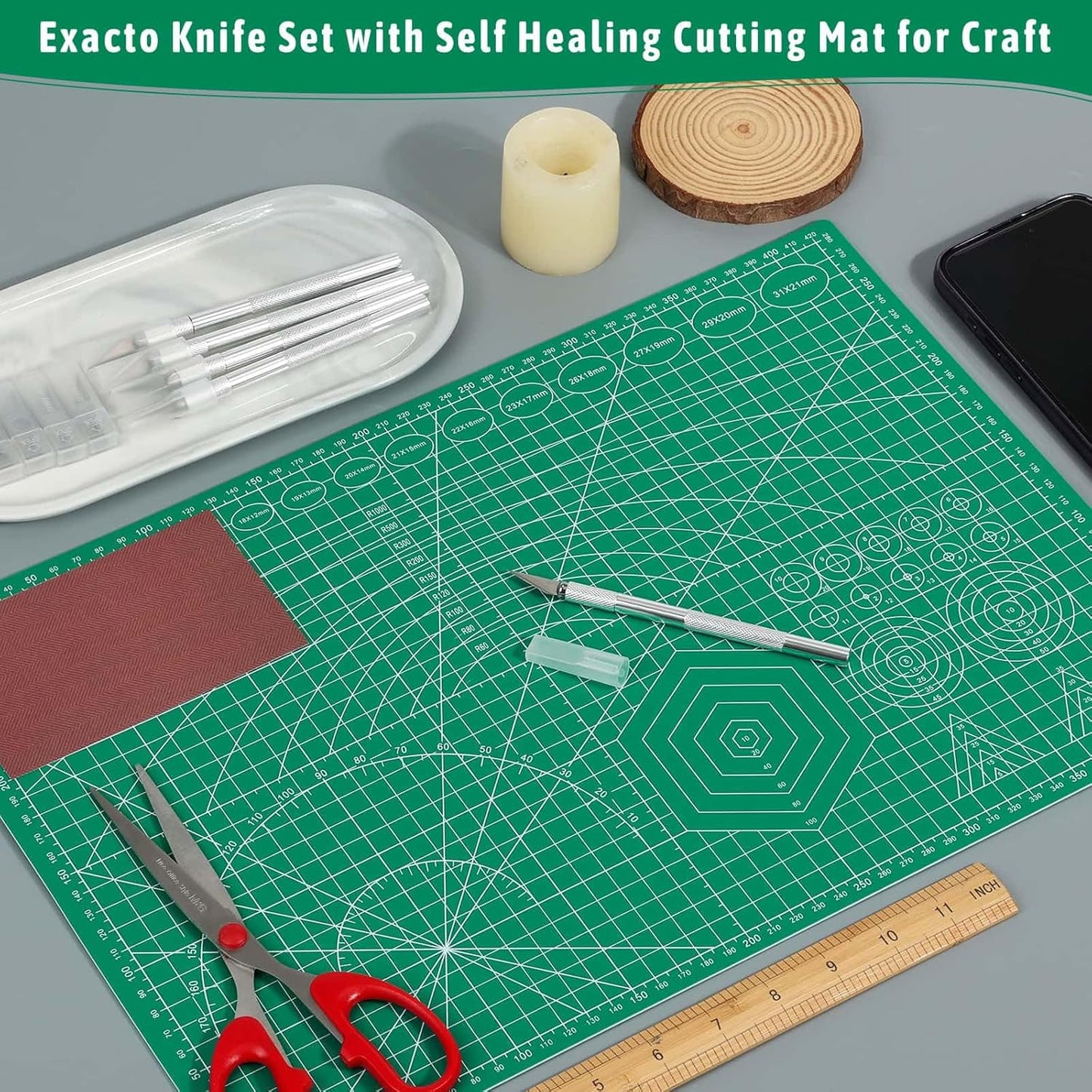 5 Pack Self Healing Cutting Mats and Exacto Knife Set, Sewing Mats with Precision Cutters and Extra 50Pcs SK5 Steel Blade 12" x 18" Work Mat for Crafts, Scrapbooking and Quilting