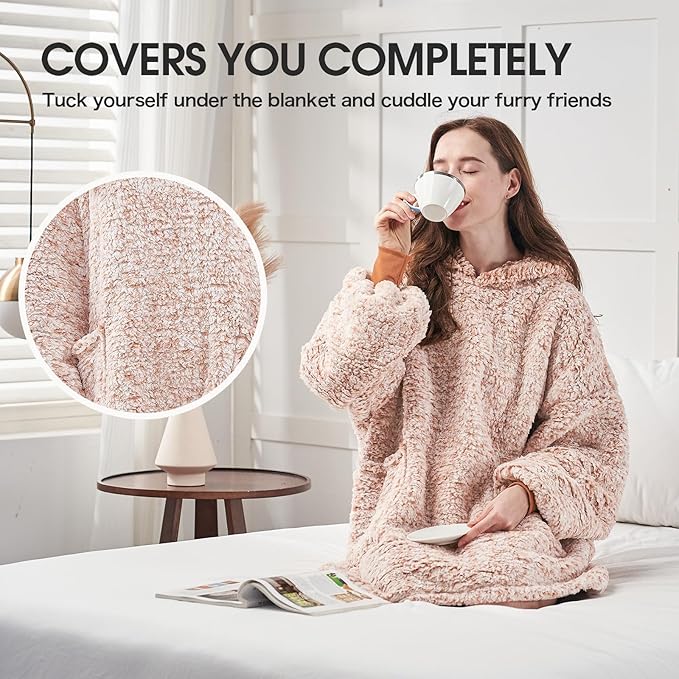 yescool Wearable Blanket Hoodie, Flannel Sherpa Fleece Blanket Sweatshirt for Adults Women Men,One Size Fits All