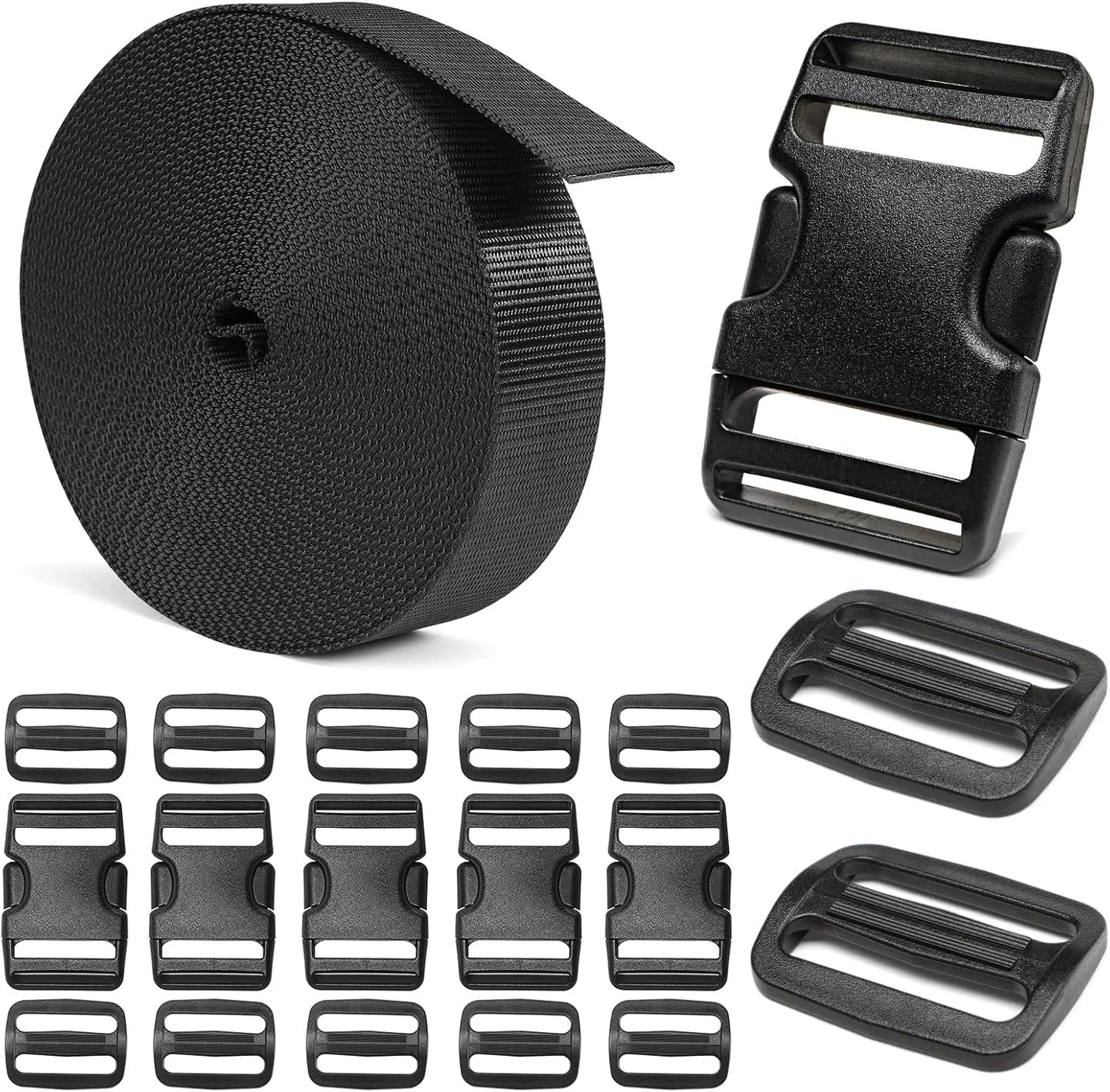 Heavy-Duty Buckles and Strap Set 1-1/2": 6 Yards of Thick Nylon Webbing, 6-Pack Adjustable Quick Side Release Plastic Buckles, 12 Tri-Glide Slide Clips, Black (1-1/2" Combo Set)