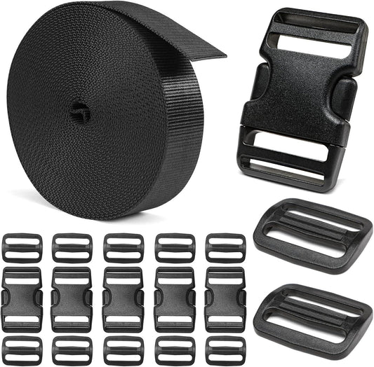 Heavy-Duty Buckles and Strap Set 1-1/2": 6 Yards of Thick Nylon Webbing, 6-Pack Adjustable Quick Side Release Plastic Buckles, 12 Tri-Glide Slide Clips, Black (1-1/2" Combo Set)