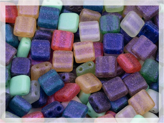 110+ pcs (0.88oz) Mix of Tile Square 2-Hole Czech Glass Beads, 6mm (0.24in) Matte Pinkish Rainbow Mix