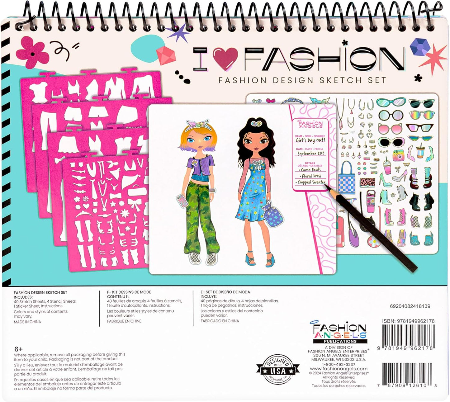 Fashion Angels I Love Fashion Sketch Portfolio, Includes Sketch Pad with Stencils & Stickers, Fashion Design Sketch Book for Girls, Ideal Drawing Kit for Kids