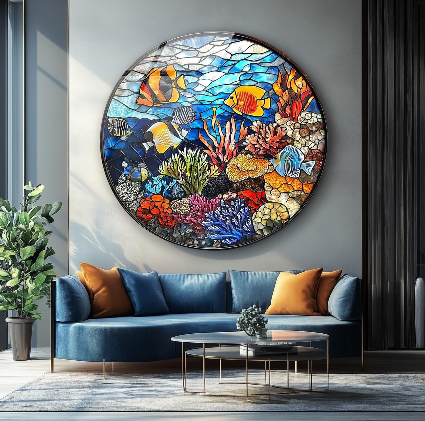 My Photostation.com 39,4''(100cm) Diameter Coral Reef Mosaic Round Glass Wall Art Tempered Glass Printing Wall Decor Large Wall Art Wall Hangings